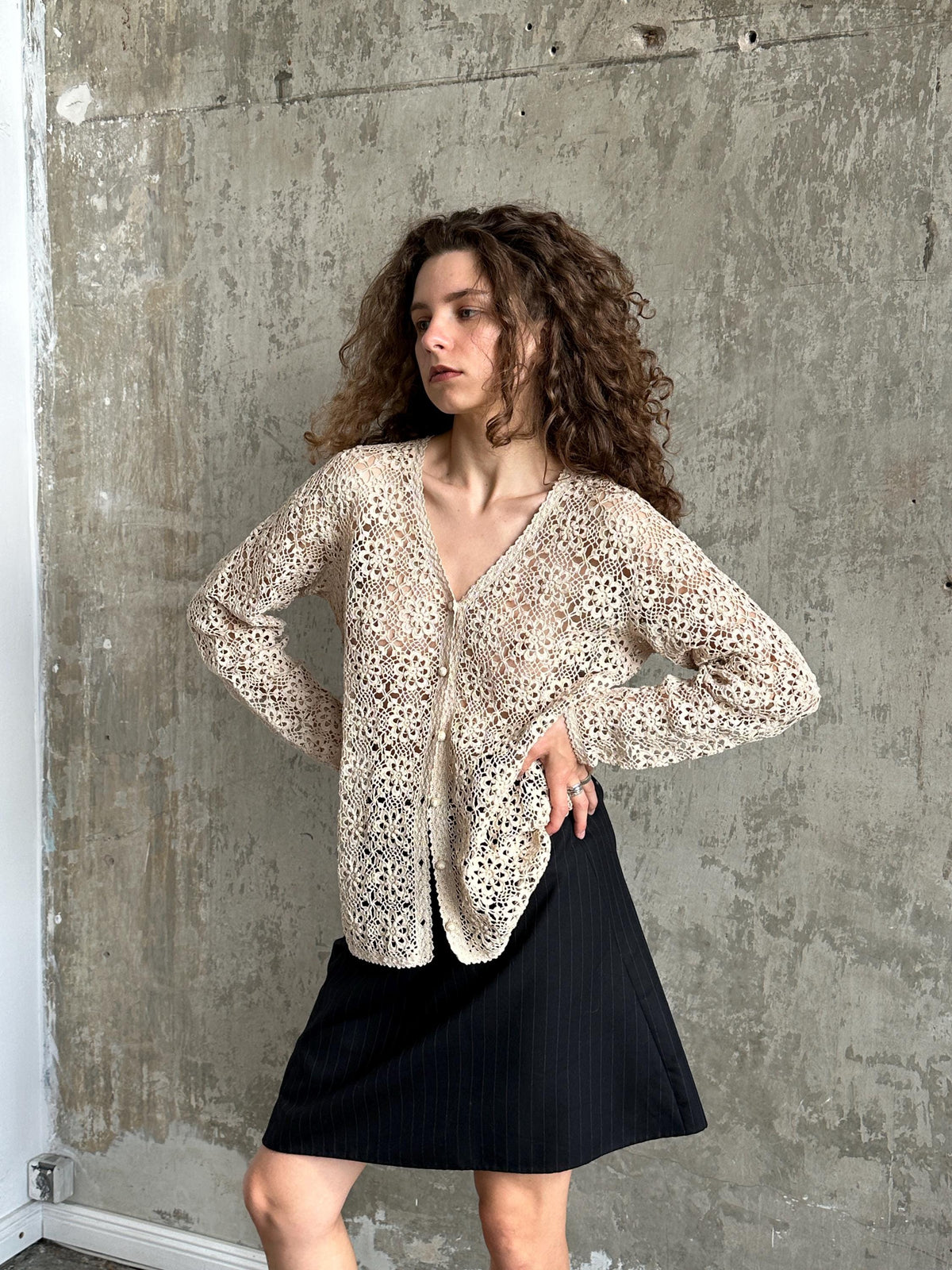 Vintage 90s Crochet Cardigan In Beige