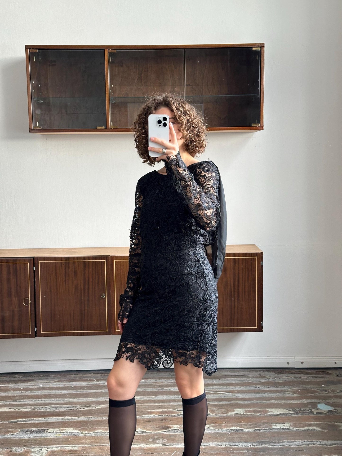 Vintage 90s long sleeve mini dress in black, lace slip dress