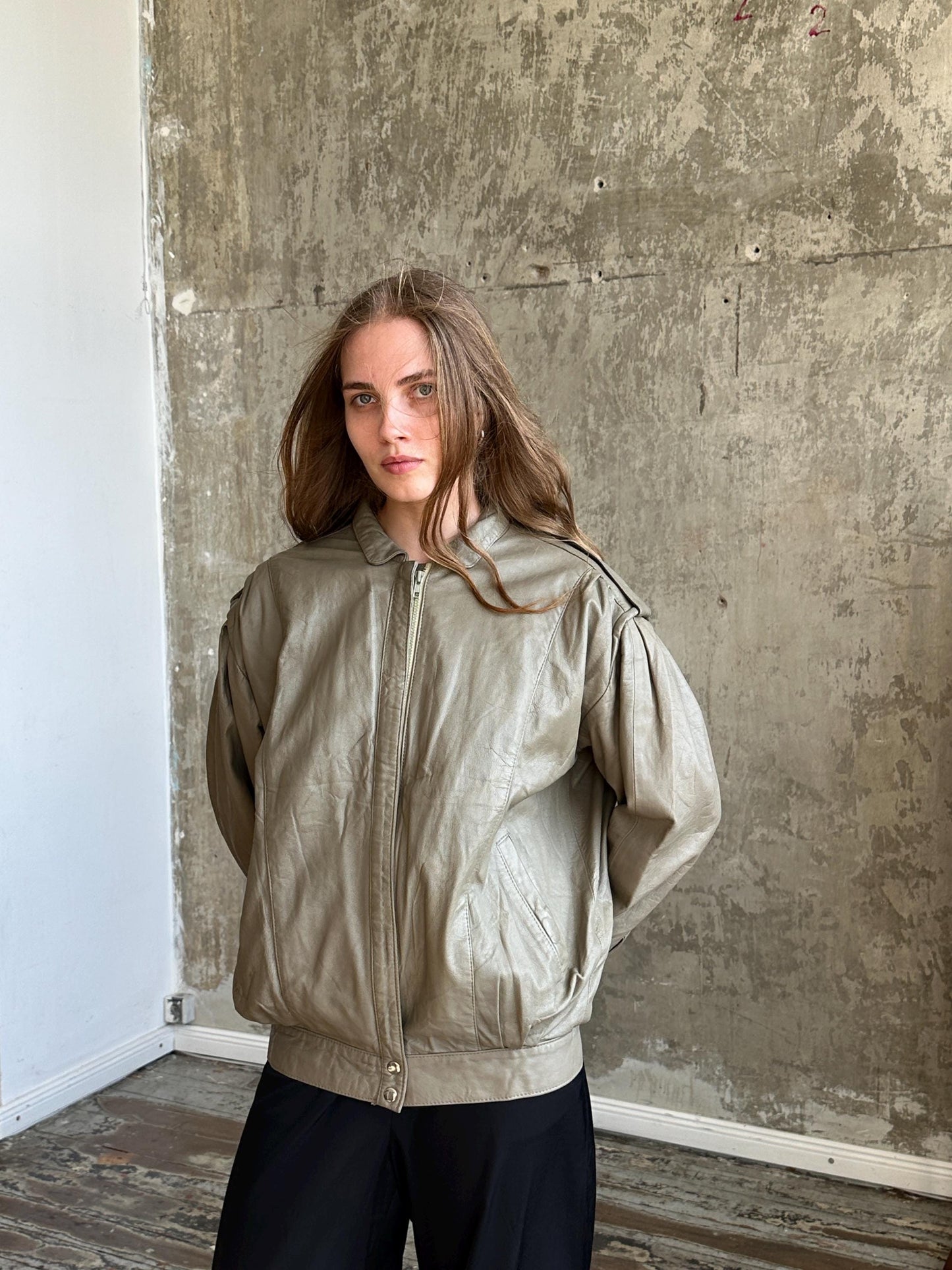 Vintage Oversized Leather Grey Bomber Jacket