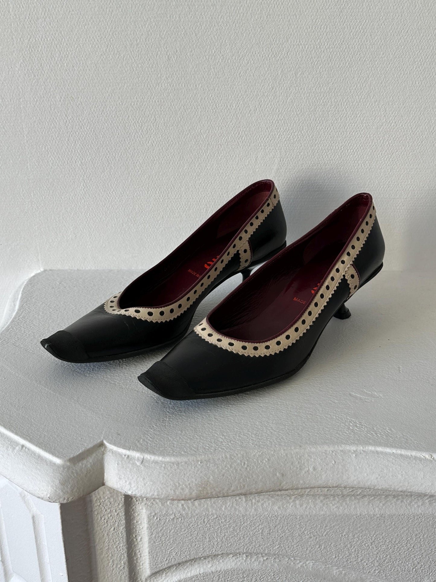 Miu Miu Black & Cream Perforated Leather Kitten Heel Pumps I US 6.5