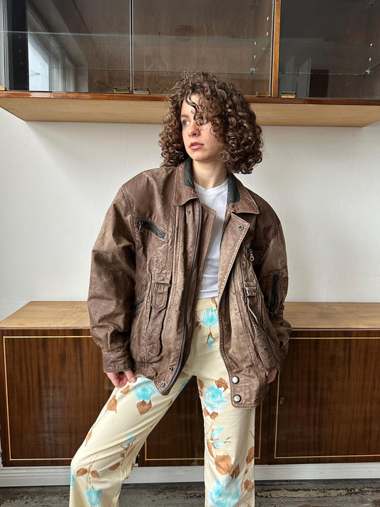 Vintage 90s boxy distressed leather jacket in brown