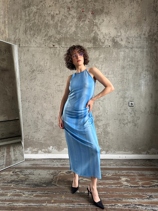 Vintage maxi tank dress in blue, bodycon dress