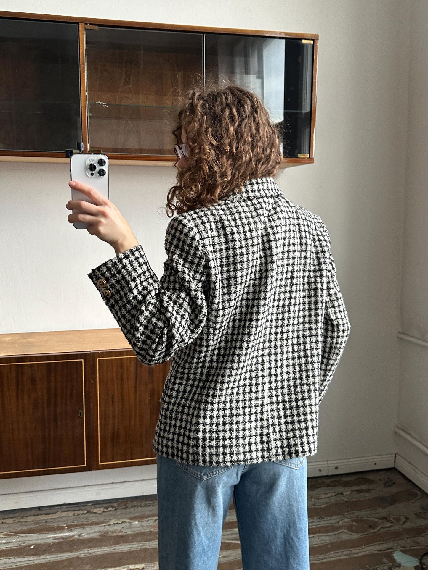 Vintage 80s Checked Tweed Blazer In Black & White