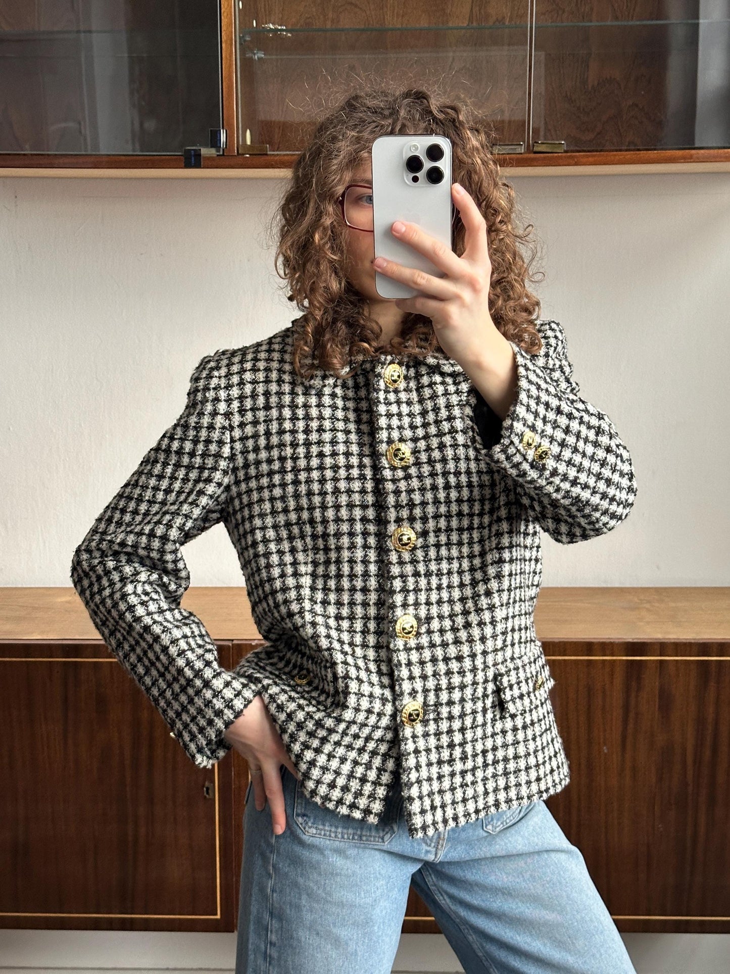 Vintage 80s Checked Tweed Blazer In Black & White