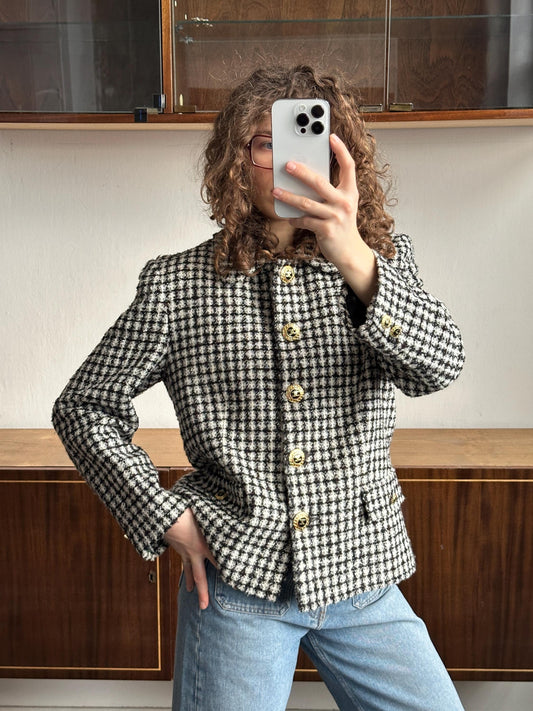 Vintage 80s Checked Tweed Blazer In Black & White
