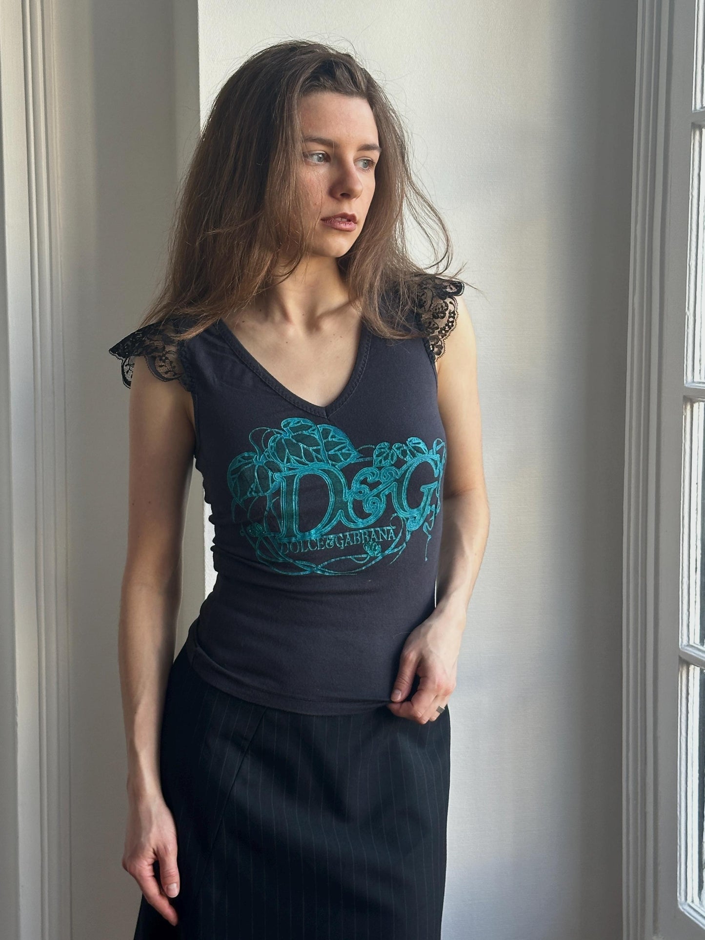 Vintage D&G Black Graphic Ruffled Lace Trim Top