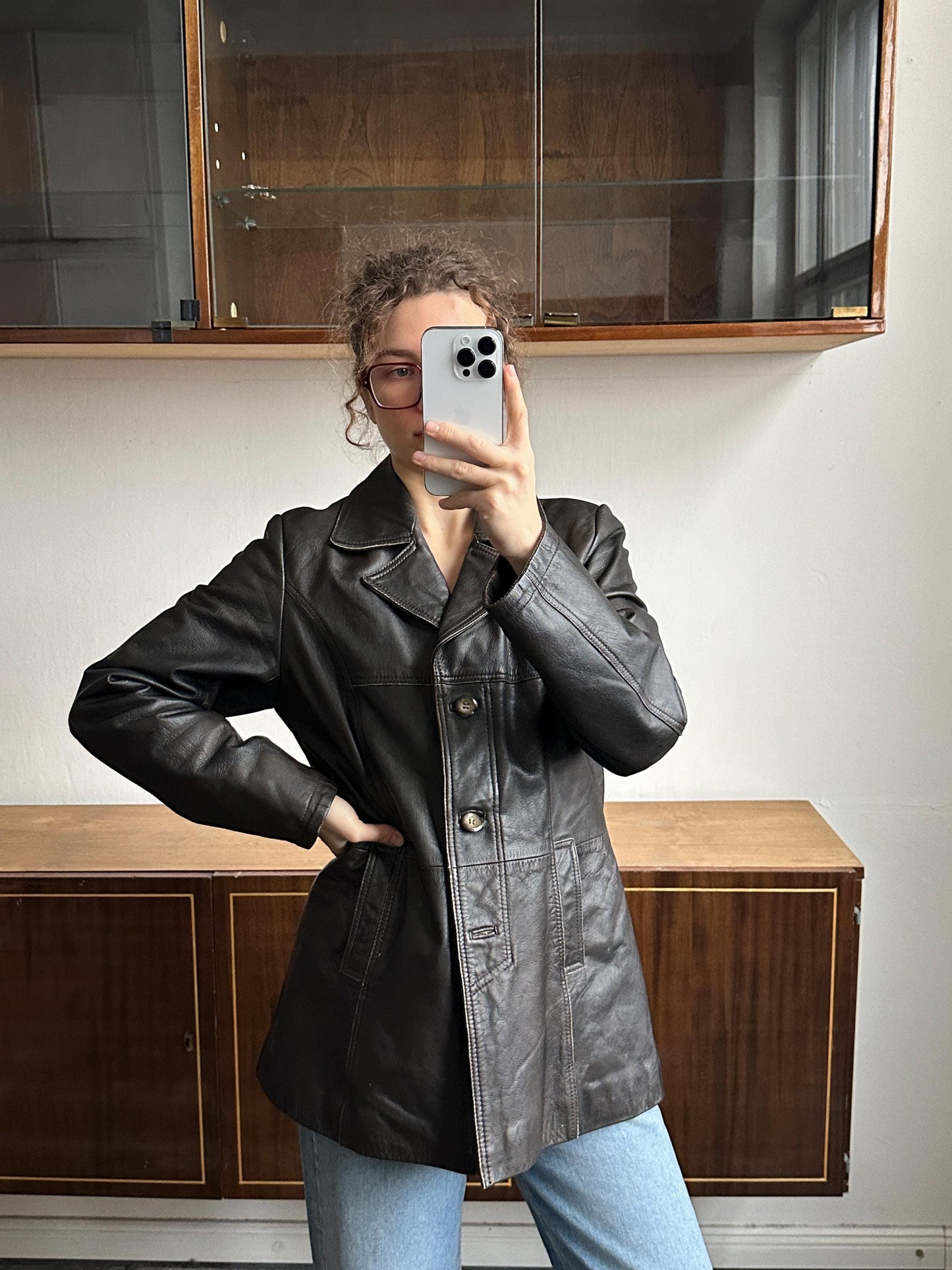 Vintage 90s Minimalist Leather Jacket In Dark Brown