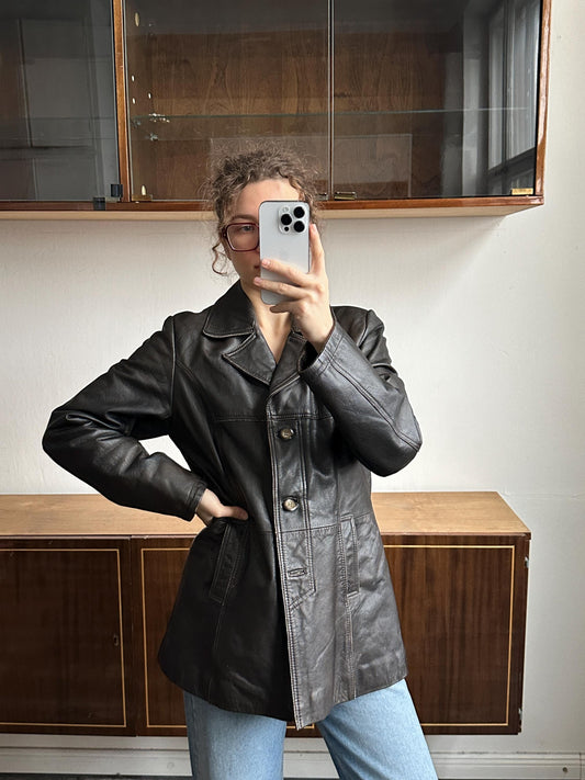 Vintage 90s Minimalist Leather Jacket In Dark Brown