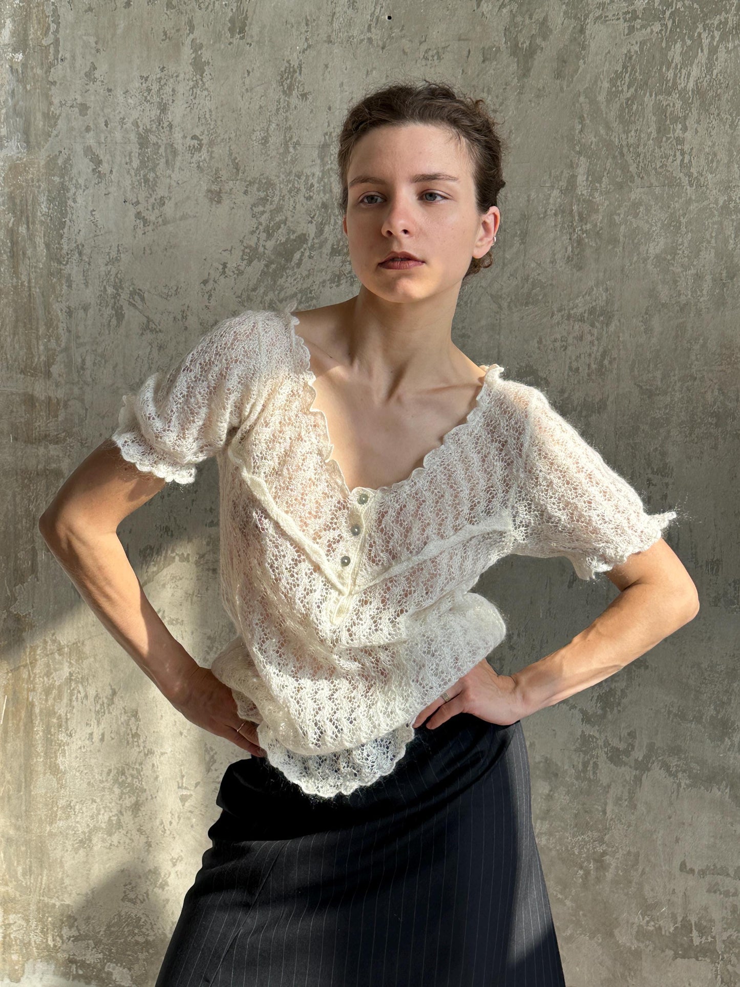 Vintage Mohair Romantic Ruffle Top in White I Sheer Knitted Top