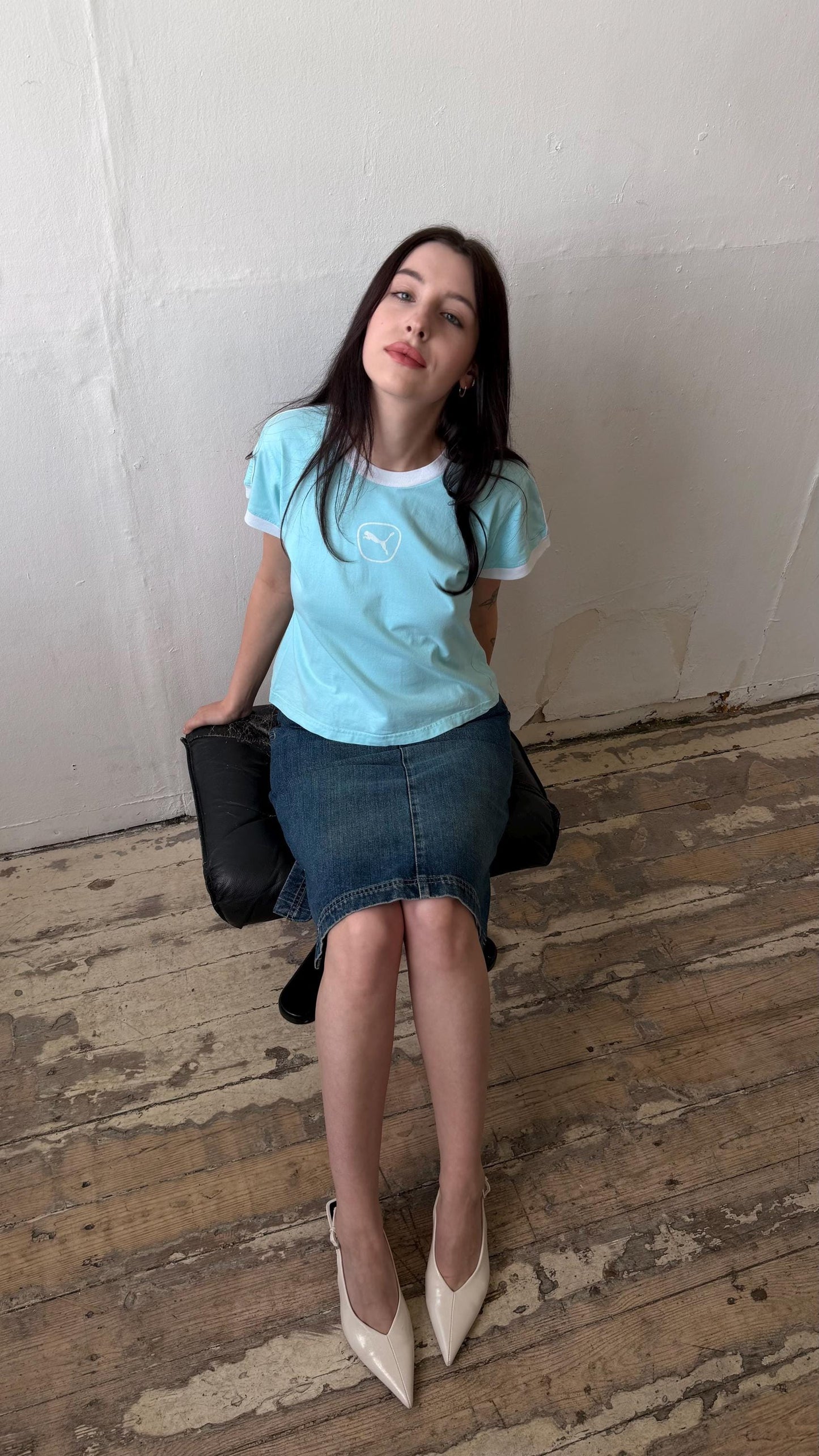 Vintage PUMA micro t-shirt in baby blue with logo