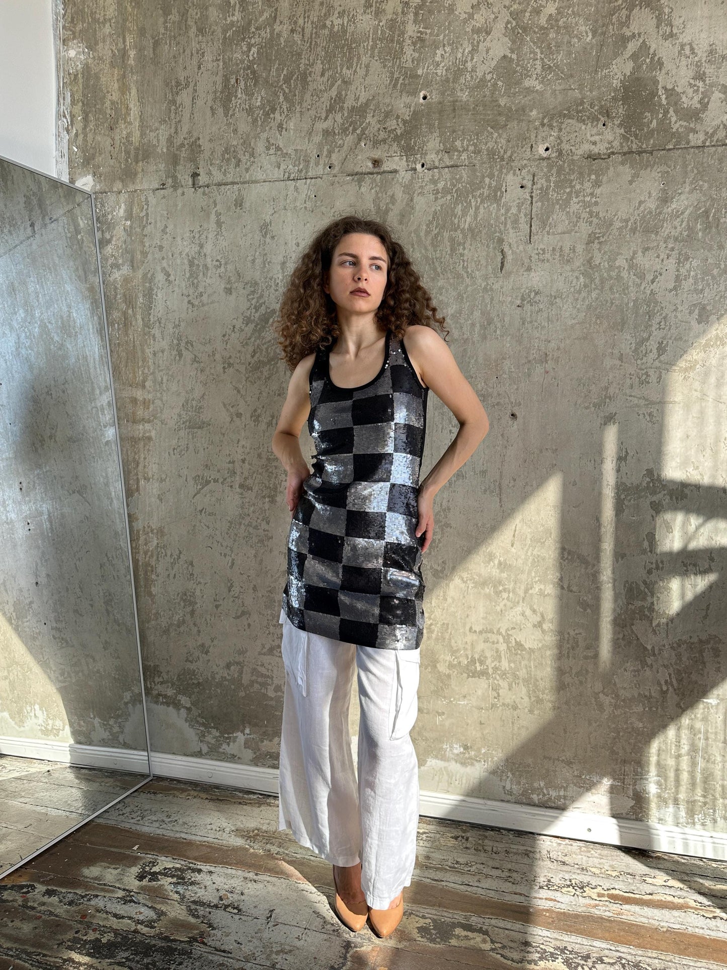 Vintage Silver Black Checkerboard Sequin Mini Dress