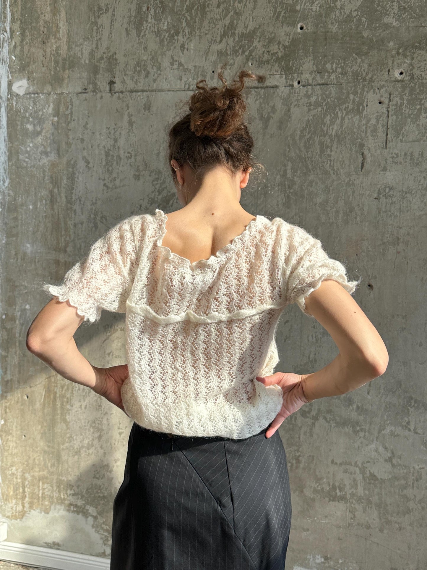Vintage Mohair Romantic Ruffle Top in White I Sheer Knitted Top