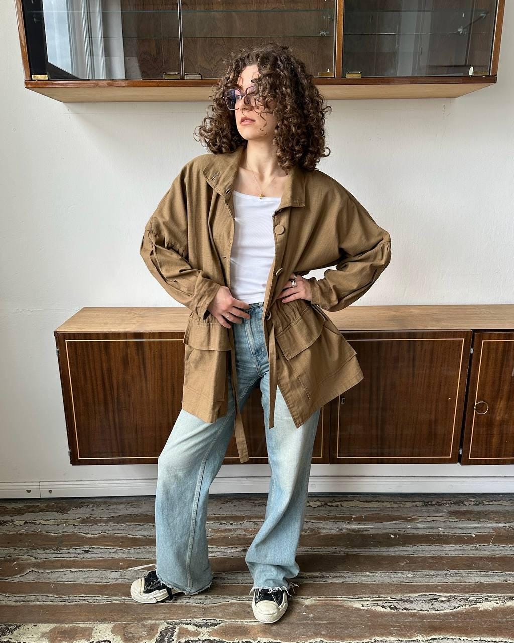 Vintage 90s oversized loose linen jacket in brown