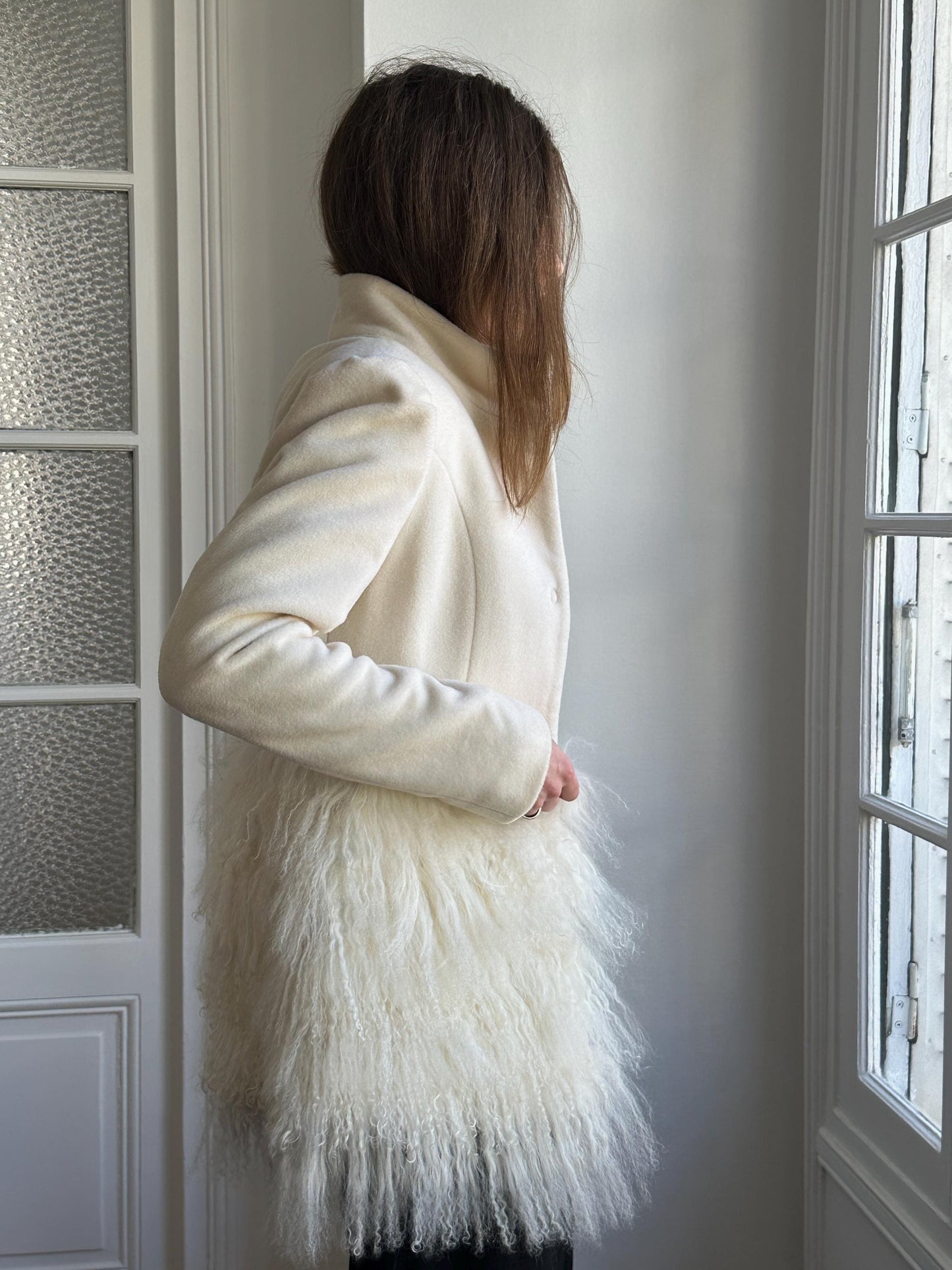 Vintage Y2K Ivory Wool Short Coat with Tibetan Lamb Fur Hem