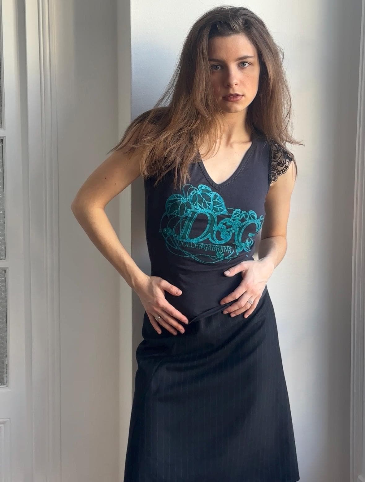 Vintage D&G Black Graphic Ruffled Lace Trim Top