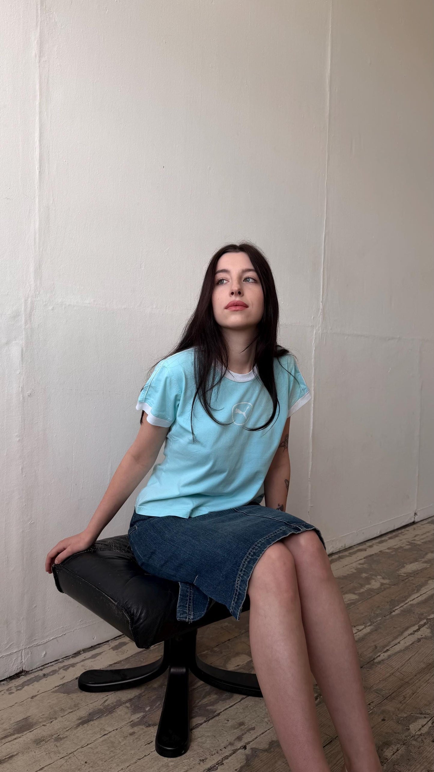 Vintage PUMA micro t-shirt in baby blue with logo
