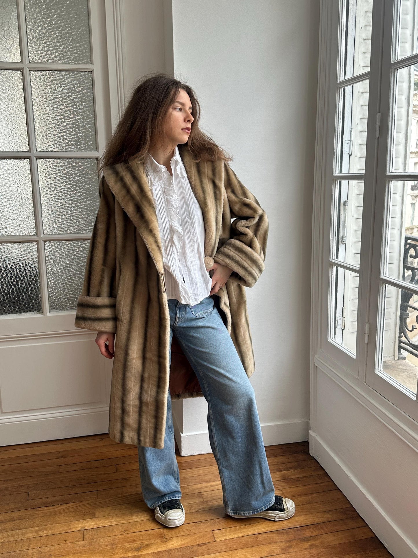 Vintage 60s Faux Fur Coat: Striped, Pom-Pom Closure, Midi Length, British Nylon