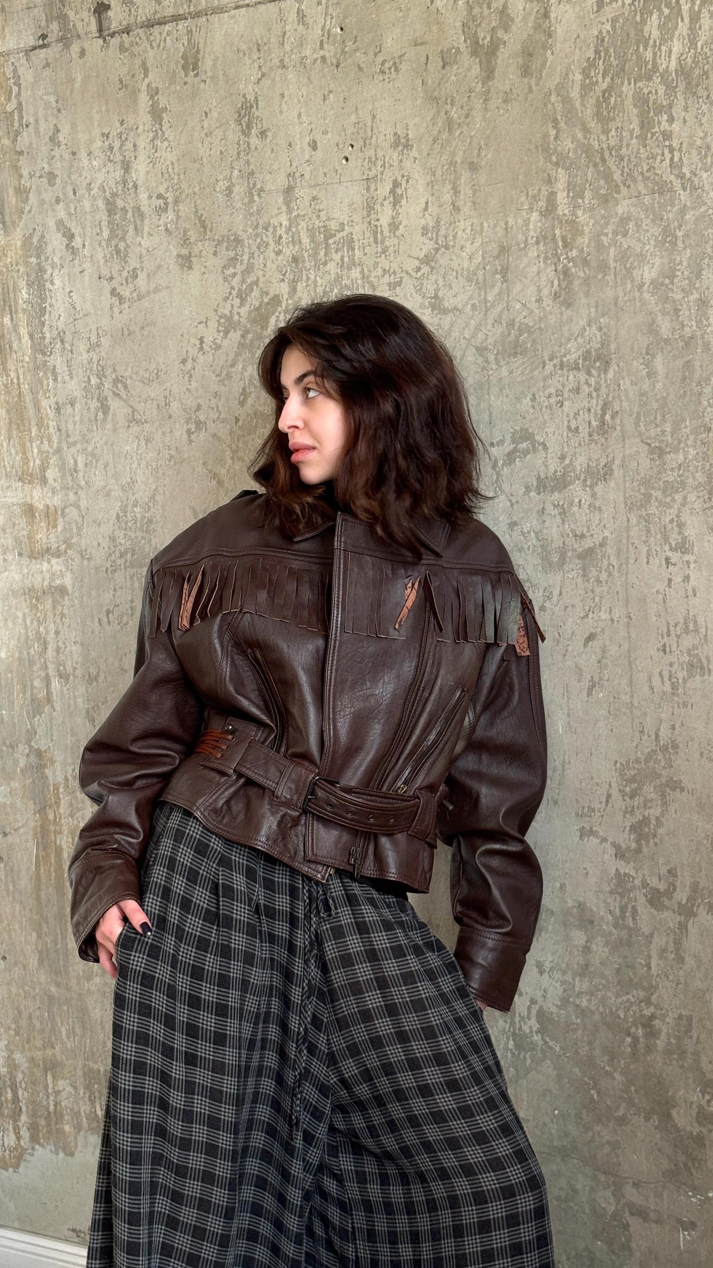 Vintage 90s Western Leather Biker Jacket In Brown with Fringe