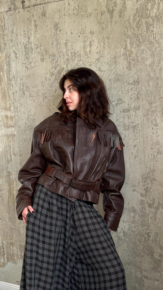 Vintage 90s Western Leather Biker Jacket In Brown with Fringe