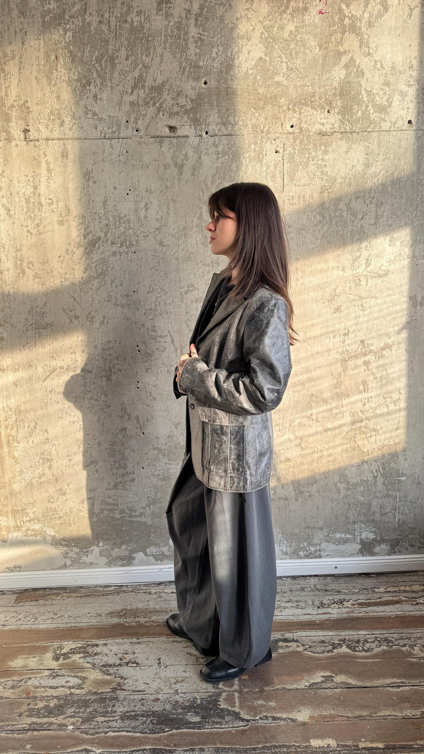 Vintage 90s Burnt Boxy Leather Jacket In Black/Grey