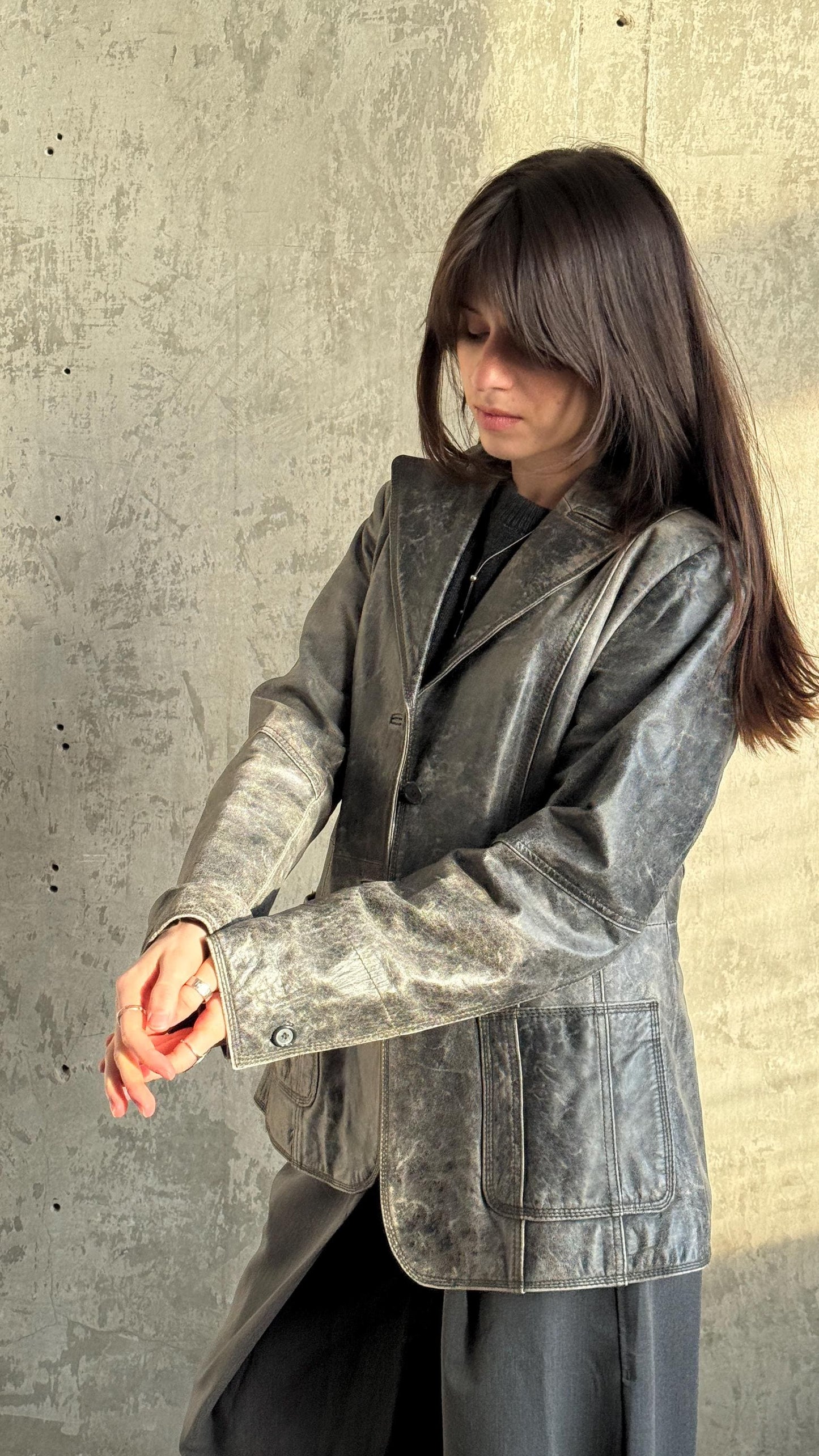 Vintage 90s Burnt Boxy Leather Jacket In Black/Grey