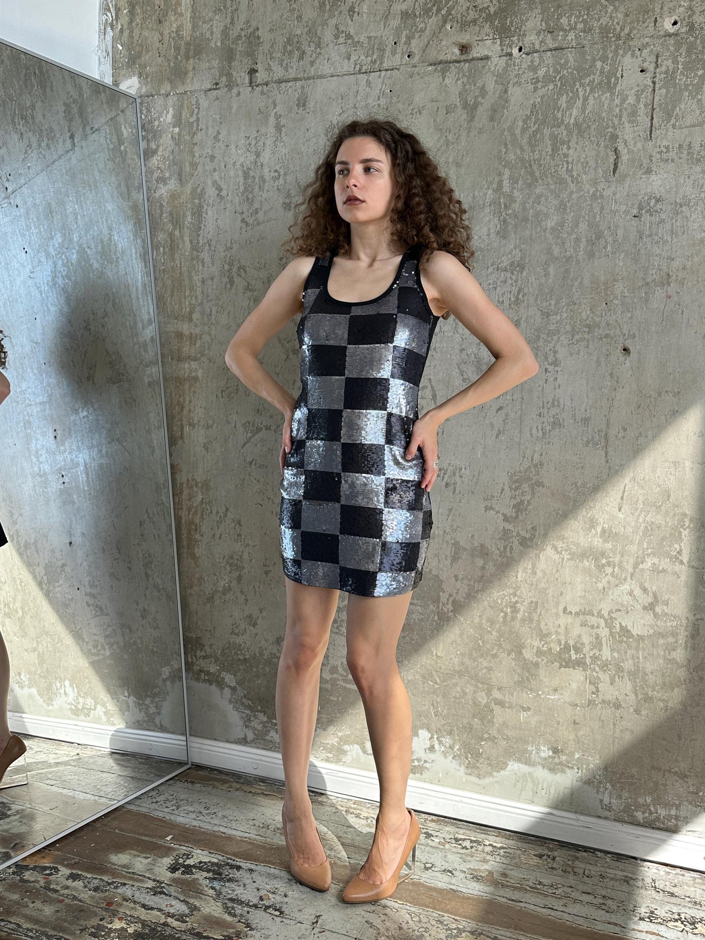 Vintage Silver Black Checkerboard Sequin Mini Dress