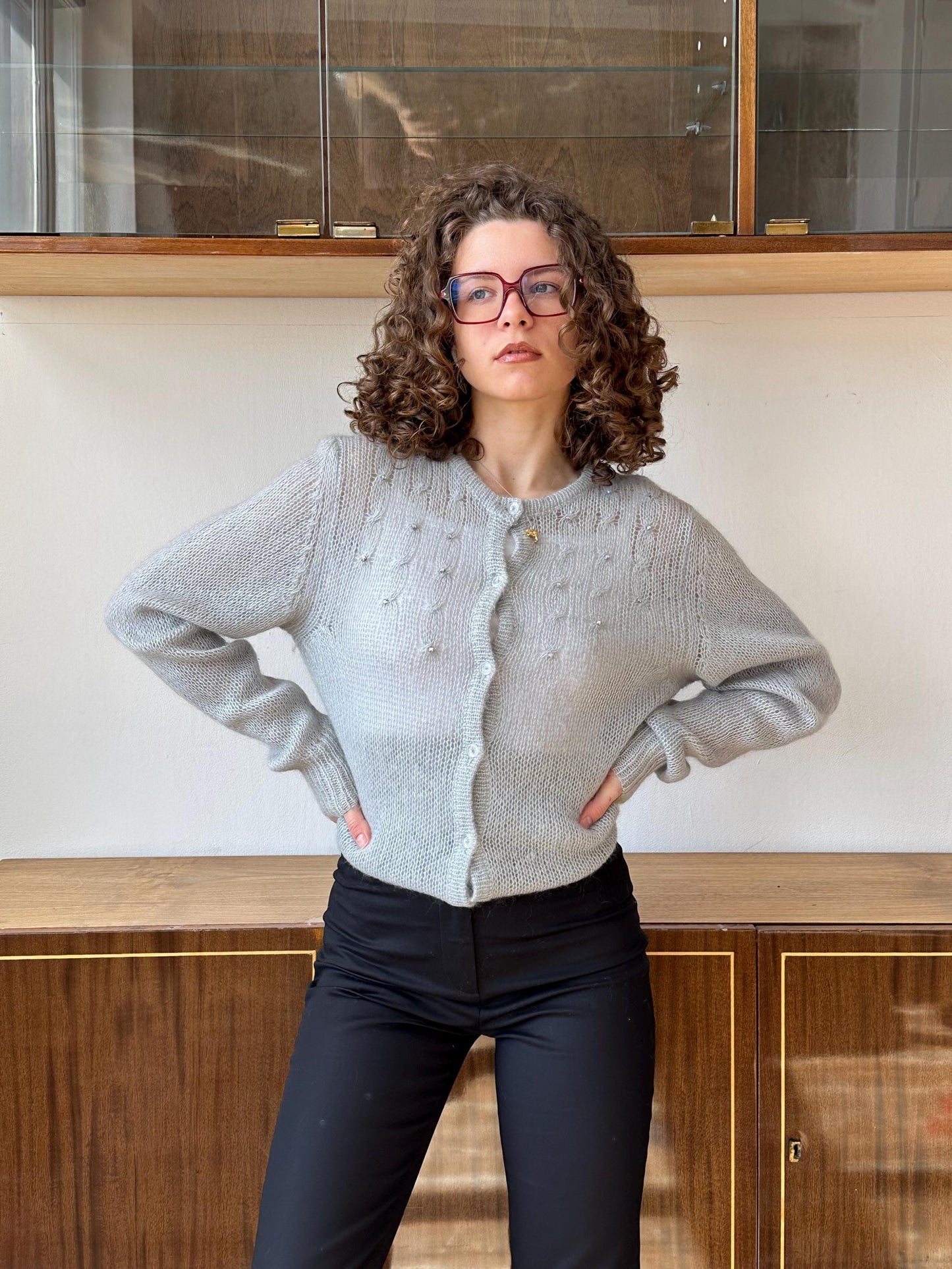 Vintage 90s knitted mohair cardigan in grey