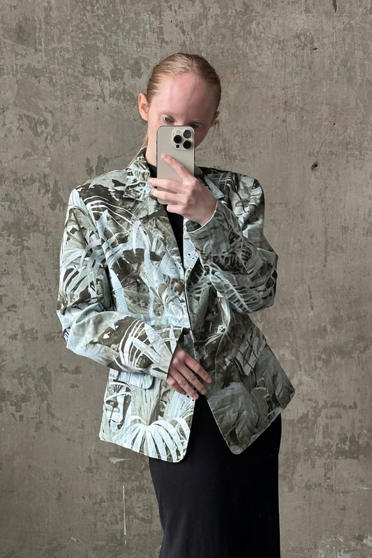 Vintage cotton blazer in cyan with a floral print
