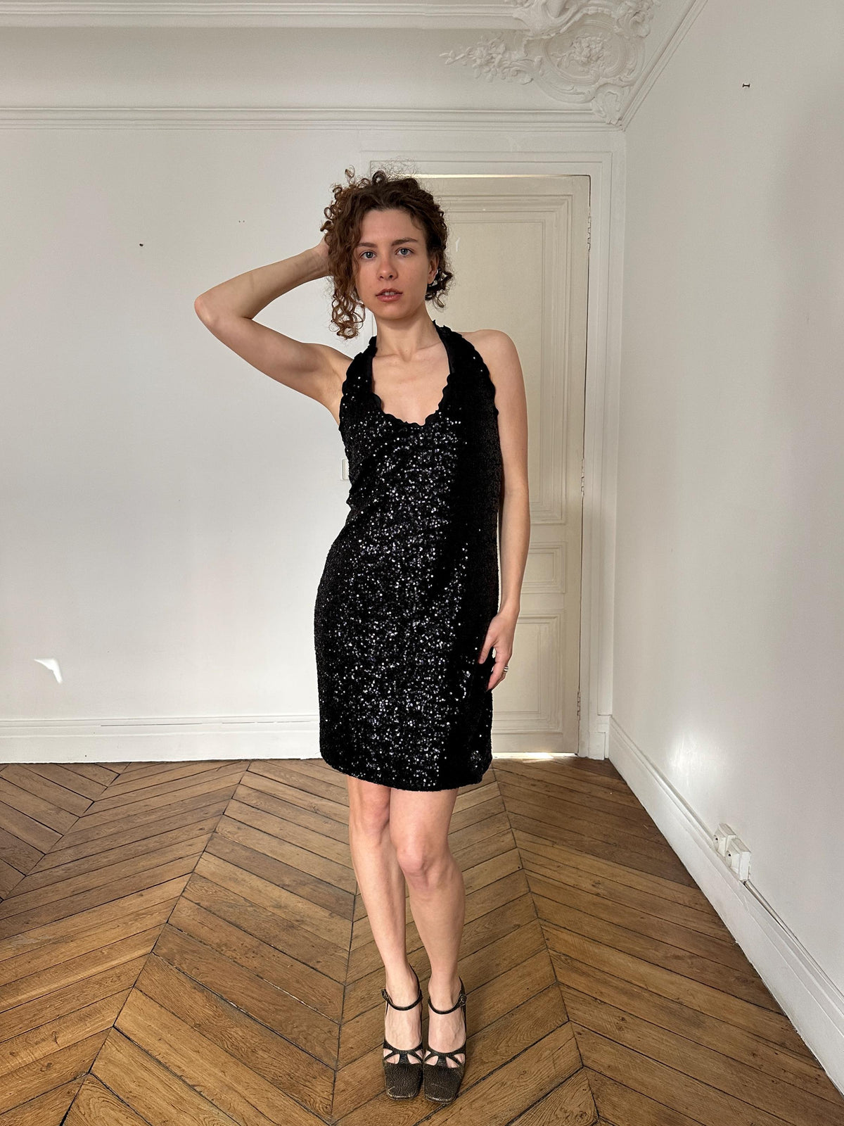 Vintage Moschino Cheap and Chic Black Sequin Open Back Party Dress I US 6