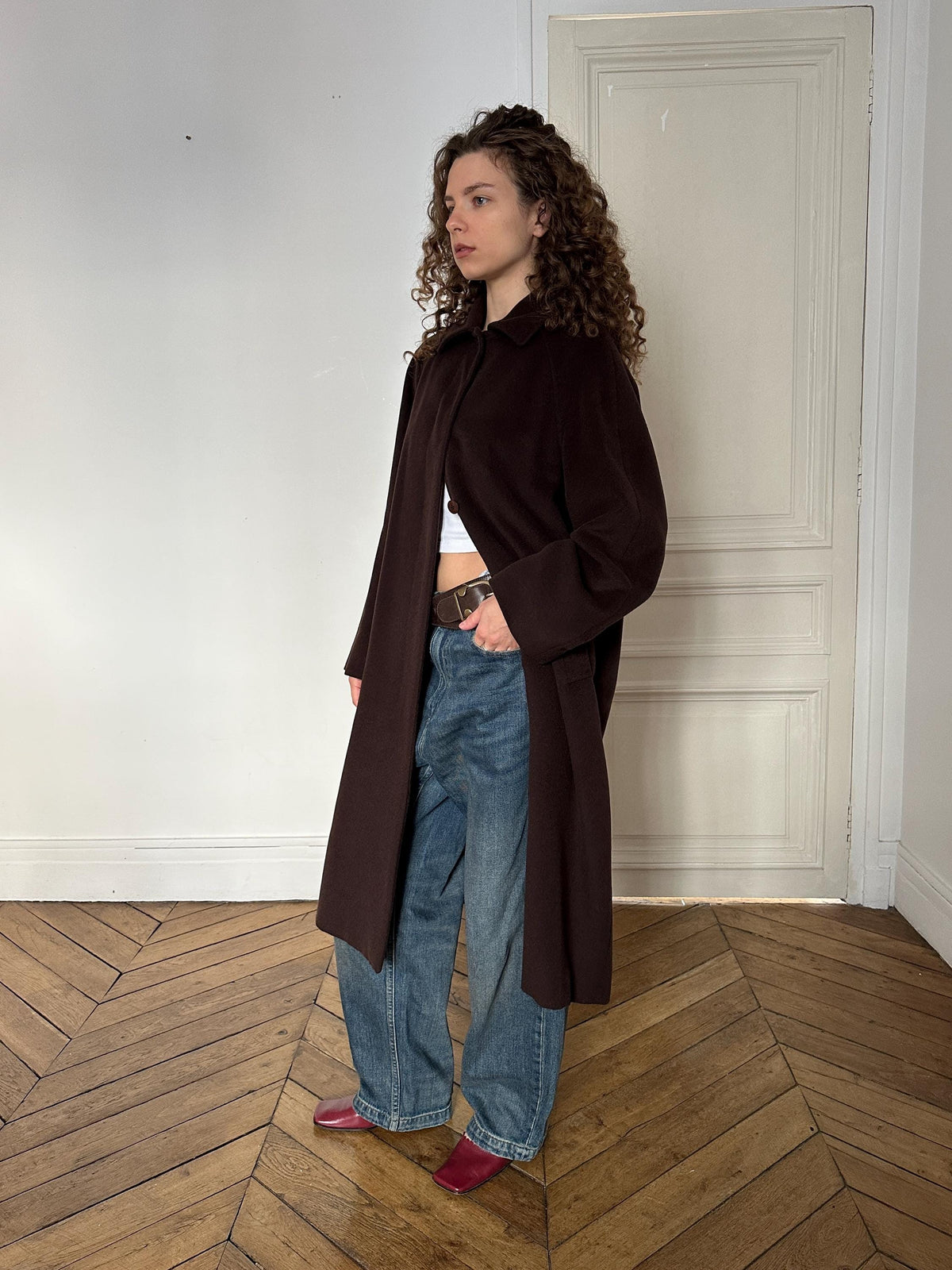 Vintage Les Copains Long Wool Angora Cashmere Coat in Chocolate Brown