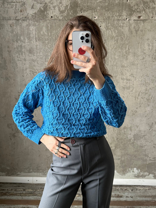 Vintage Summer Crochet Jumper - Bright Blue Knitted Sweater, 100% Organic Cotton, Gender Neutral, Fits XS-M, Perfect for Festivals &Holidays