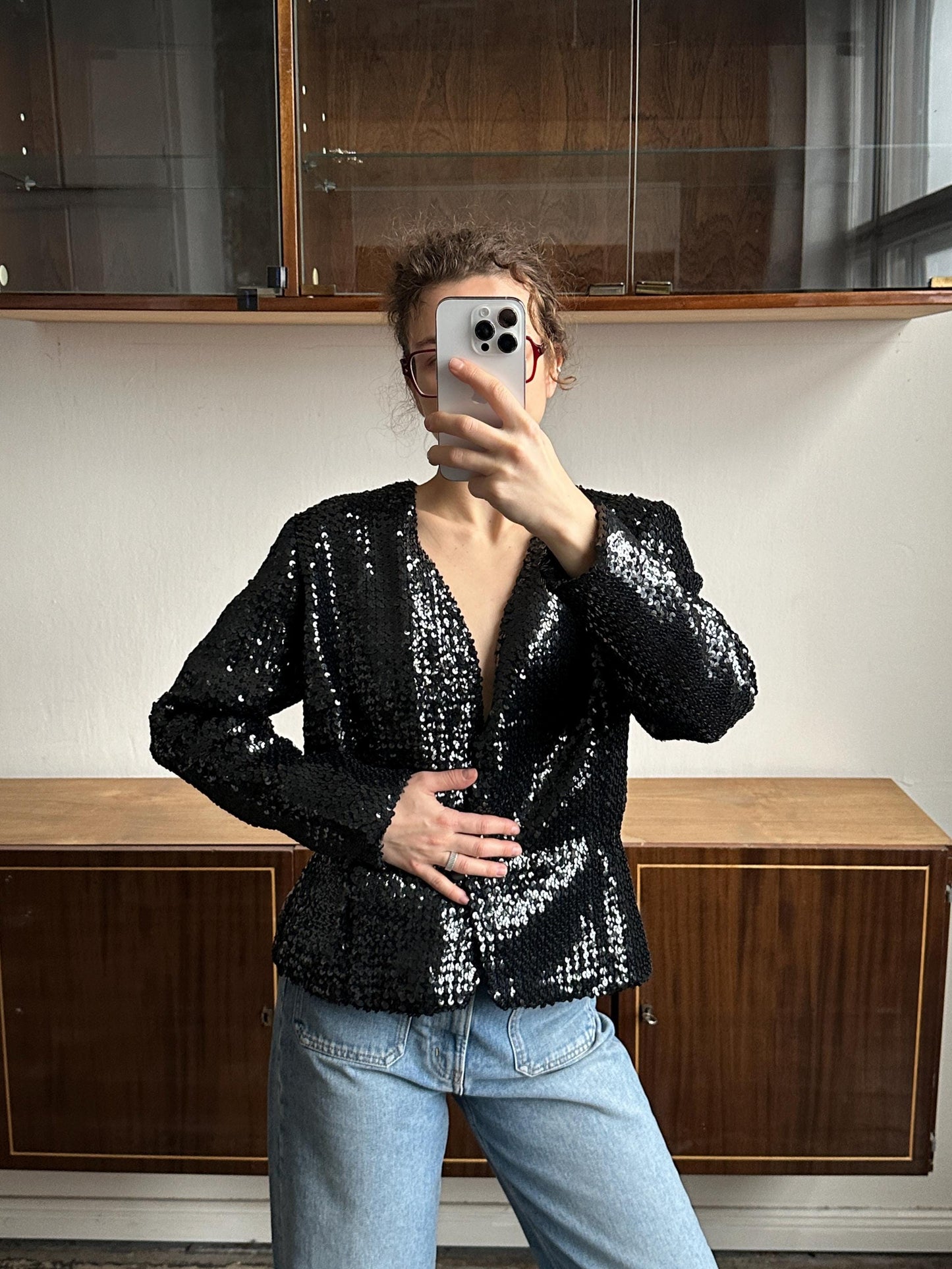 Vintage 90s Sparkle Sequin Party Evening Blazer In Black