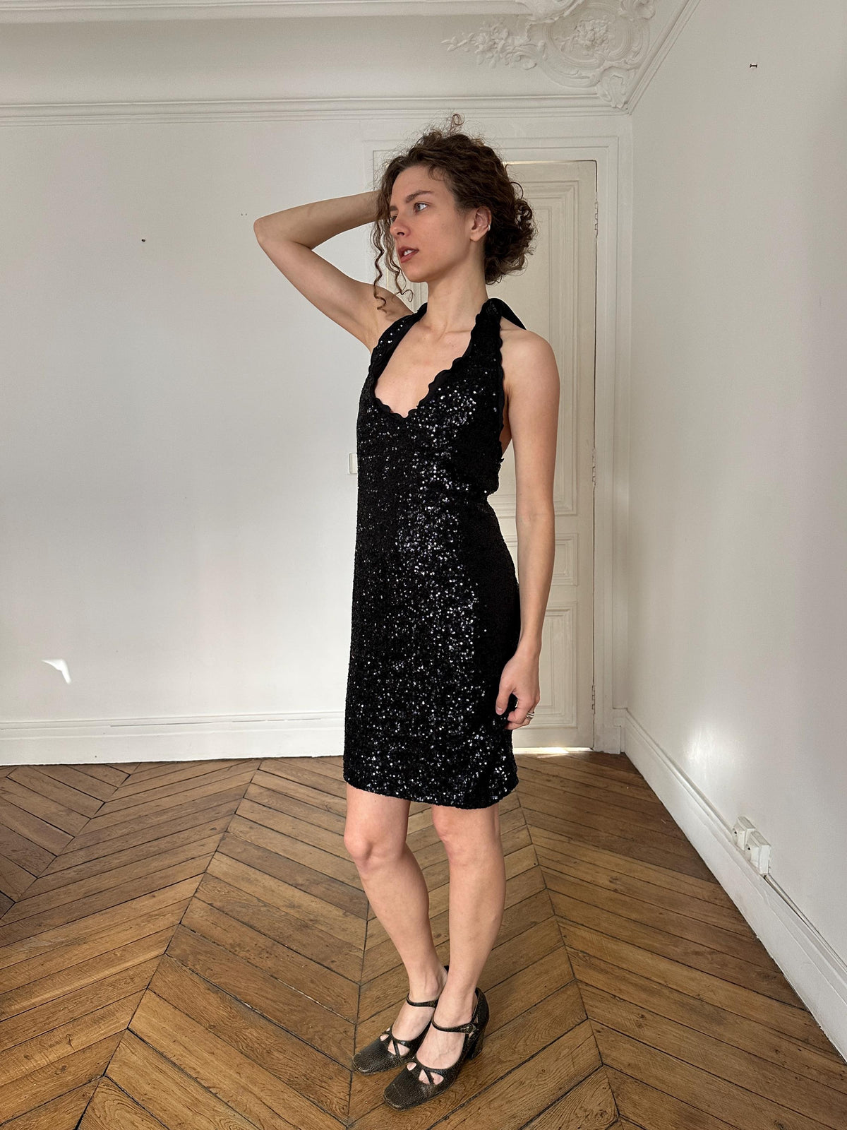 Vintage Moschino Cheap and Chic Black Sequin Open Back Party Dress I US 6