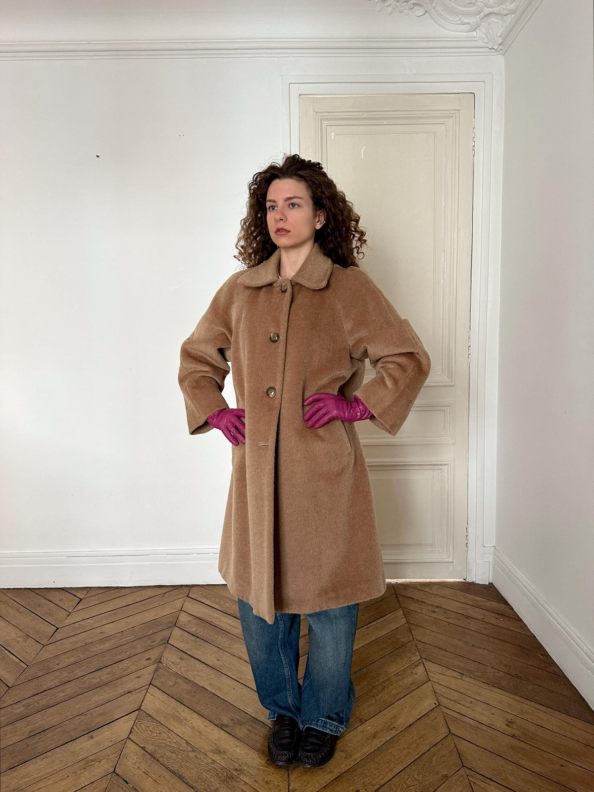 Vintage 90s Mohair Wool Teddy Coat in Beige
