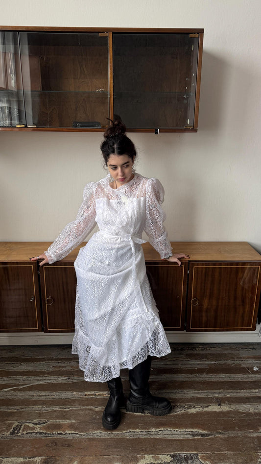 Vintage 70s silk bridal lace dress in white