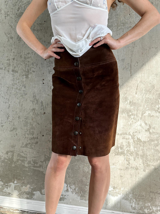Vintage 70s Brown Suede Snap Button Mini Skirt