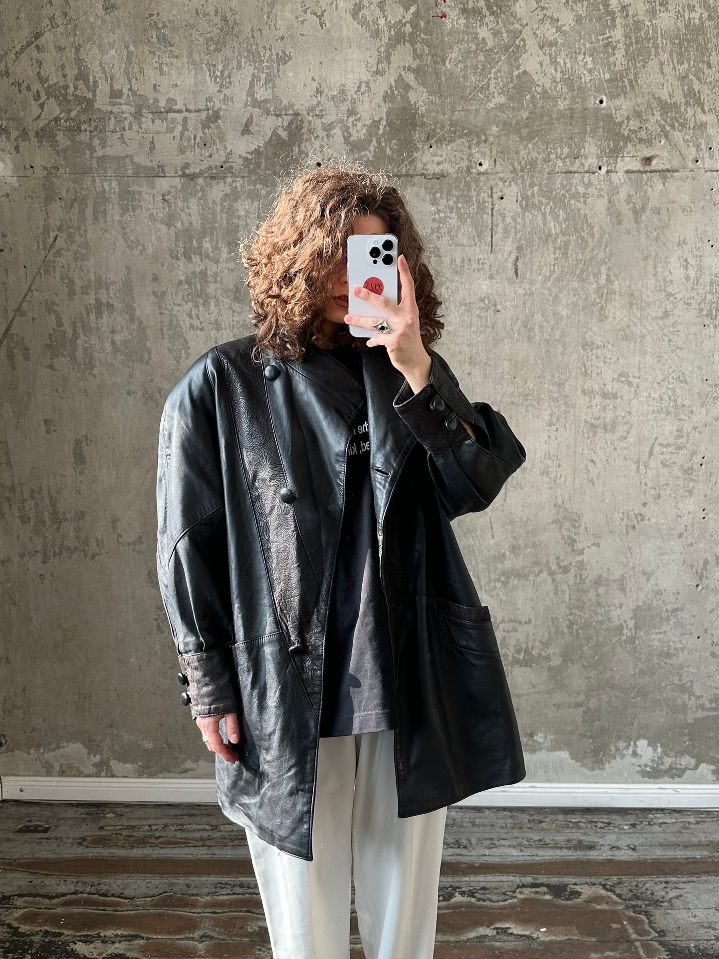 Vintage 90s Black Leather Overcoat with Big Collar, Gender Neutral, Perfect Condition
