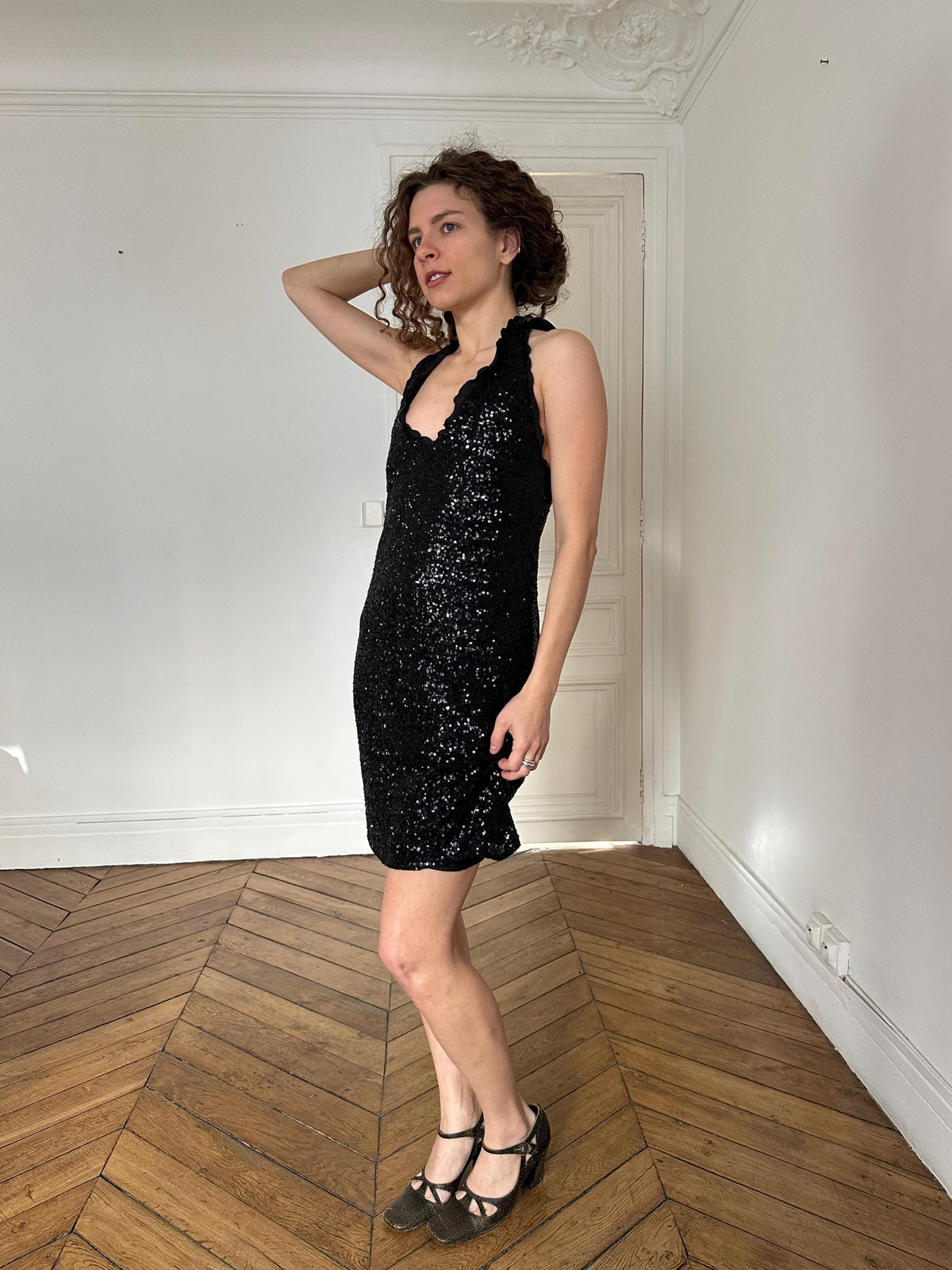 Vintage Moschino Cheap and Chic Black Sequin Open Back Party Dress I US 6