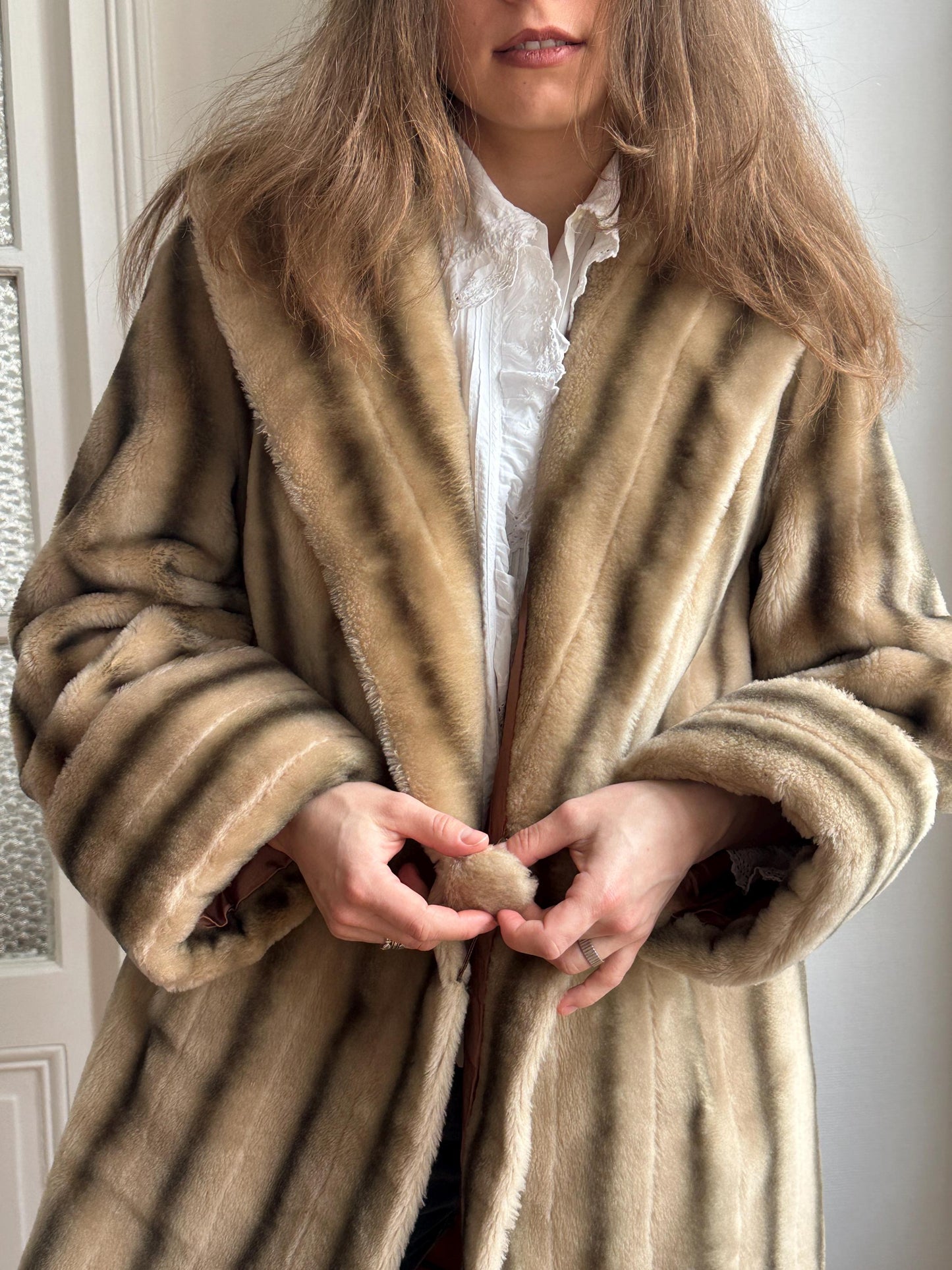Vintage 60s Faux Fur Coat: Striped, Pom-Pom Closure, Midi Length, British Nylon