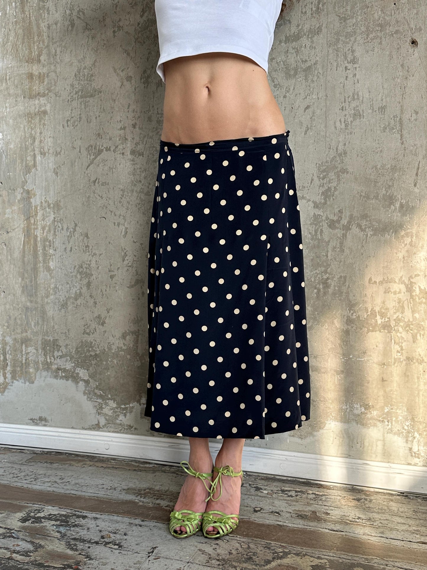 Vintage 90s Italian Silk Polka Dot Maxi Skirt in Black and White