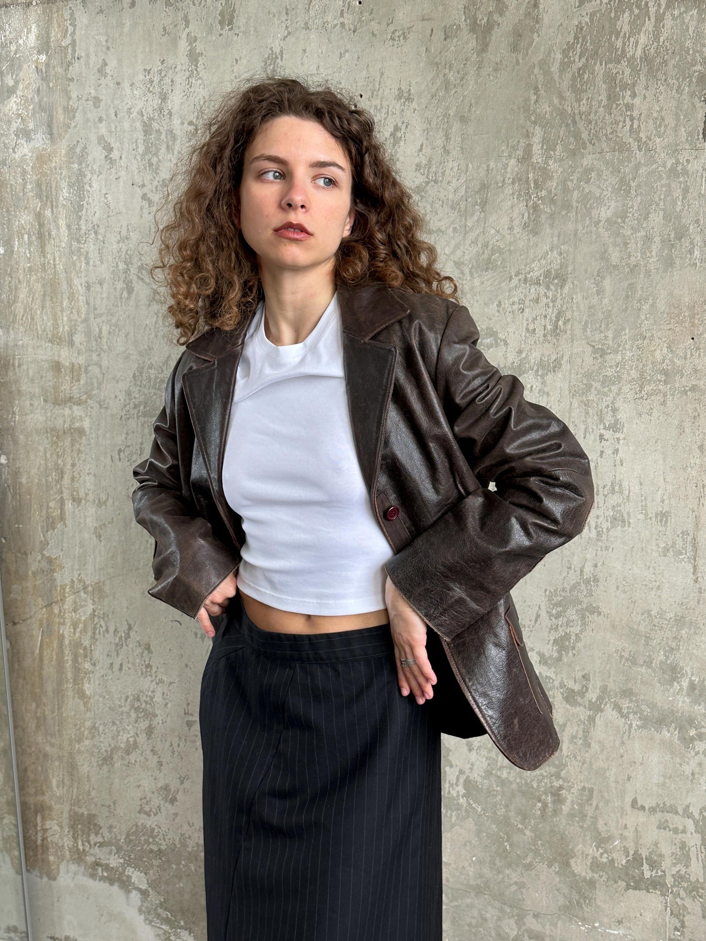 Vintage Brown Leather Tailored Blazer Jacket | Distressed Worn-In Leather