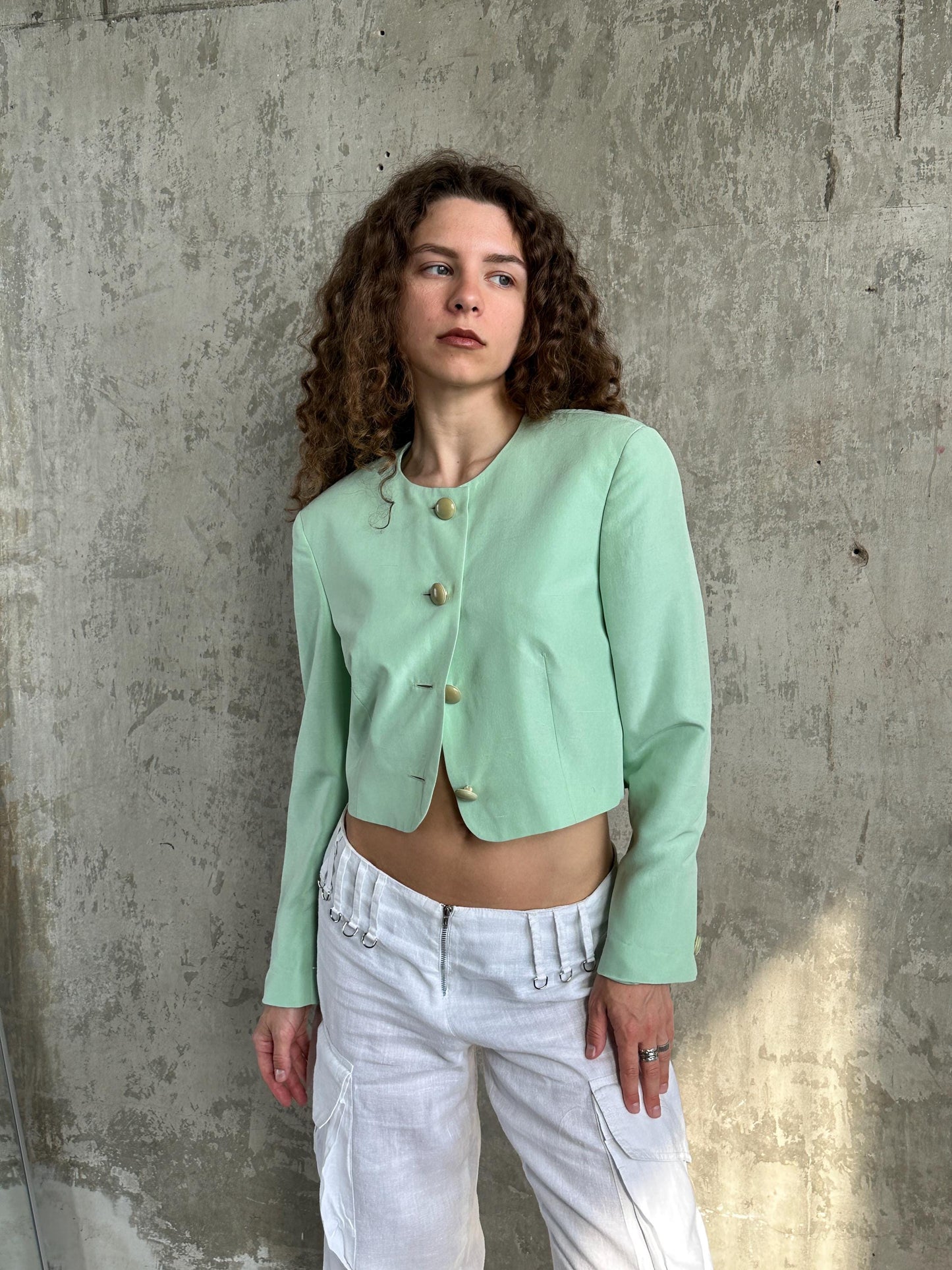 Vintage Cropped Blazer in Mint Green | Collarless Silk Jacket