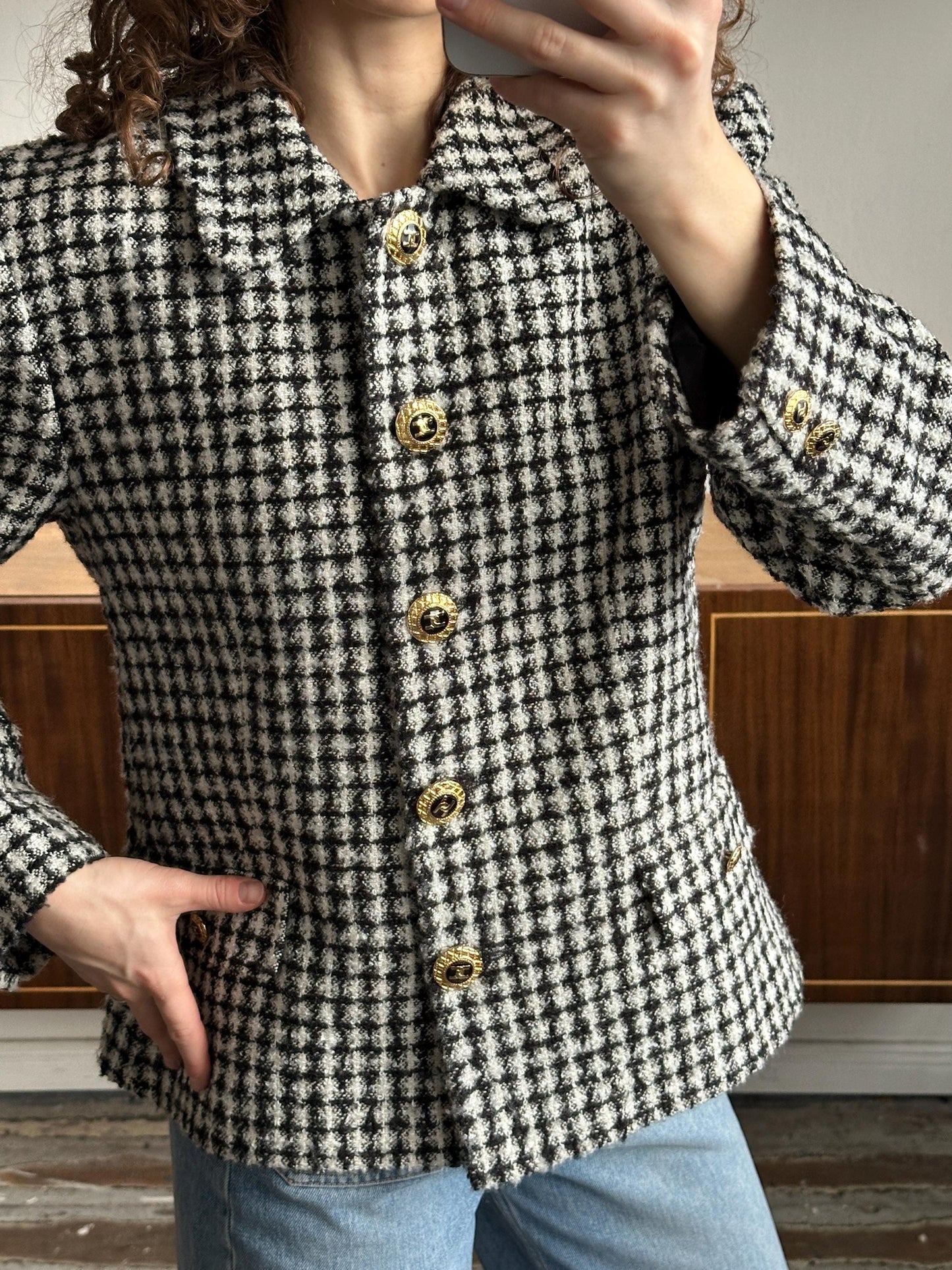 Vintage 80s Checked Tweed Blazer In Black & White