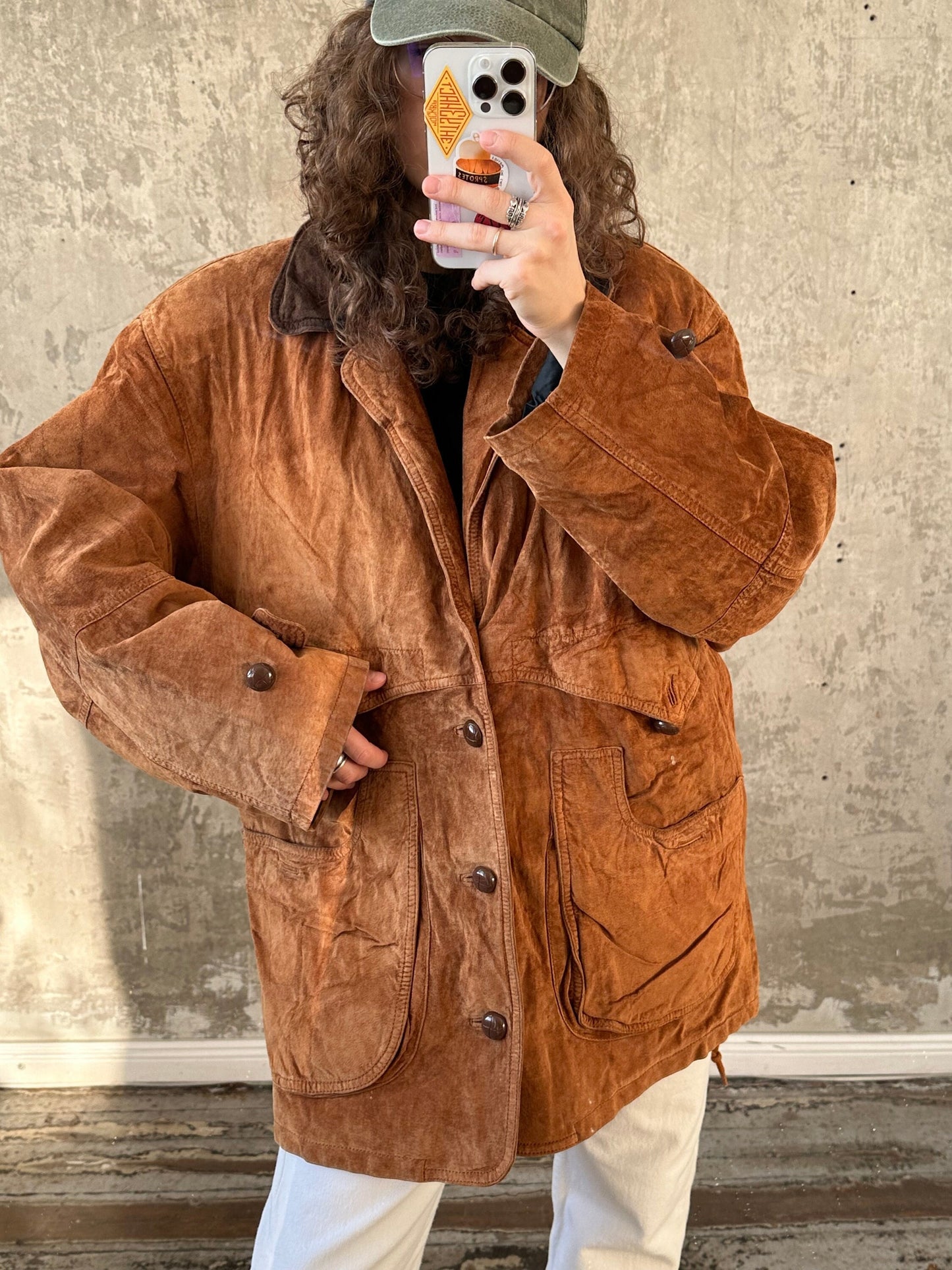 Vintage 90s Suede Leather Bomber Jacket, Brown Oversized Grunge Motorcycle Coat, Genuine Leather, Padded, Wooden Button Closure, Fits XS-M