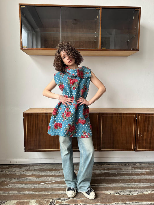 Vintage wool felted dress in blue with red flowers