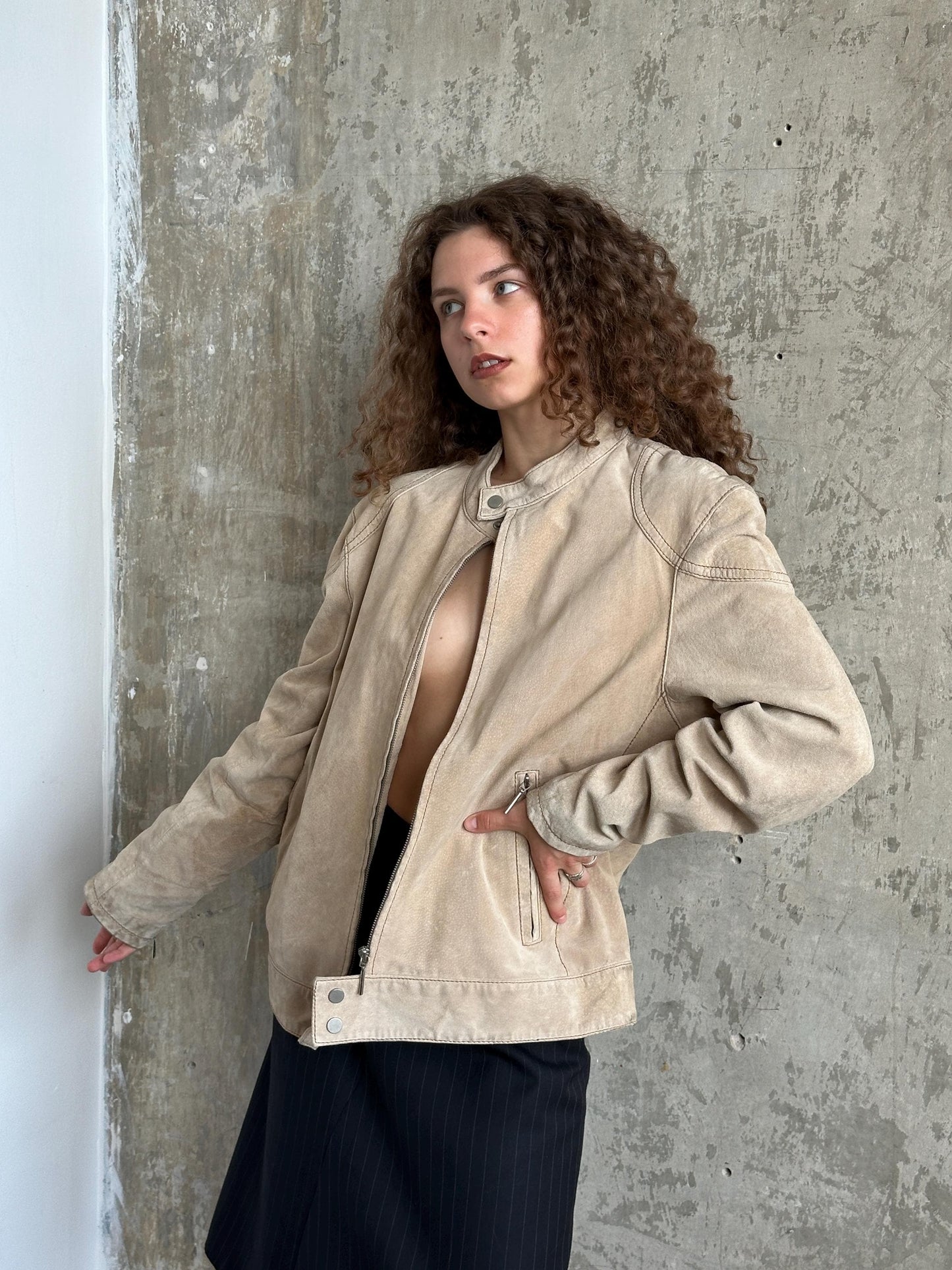Vintage 90s Beige Suede Leather Moto Jacket