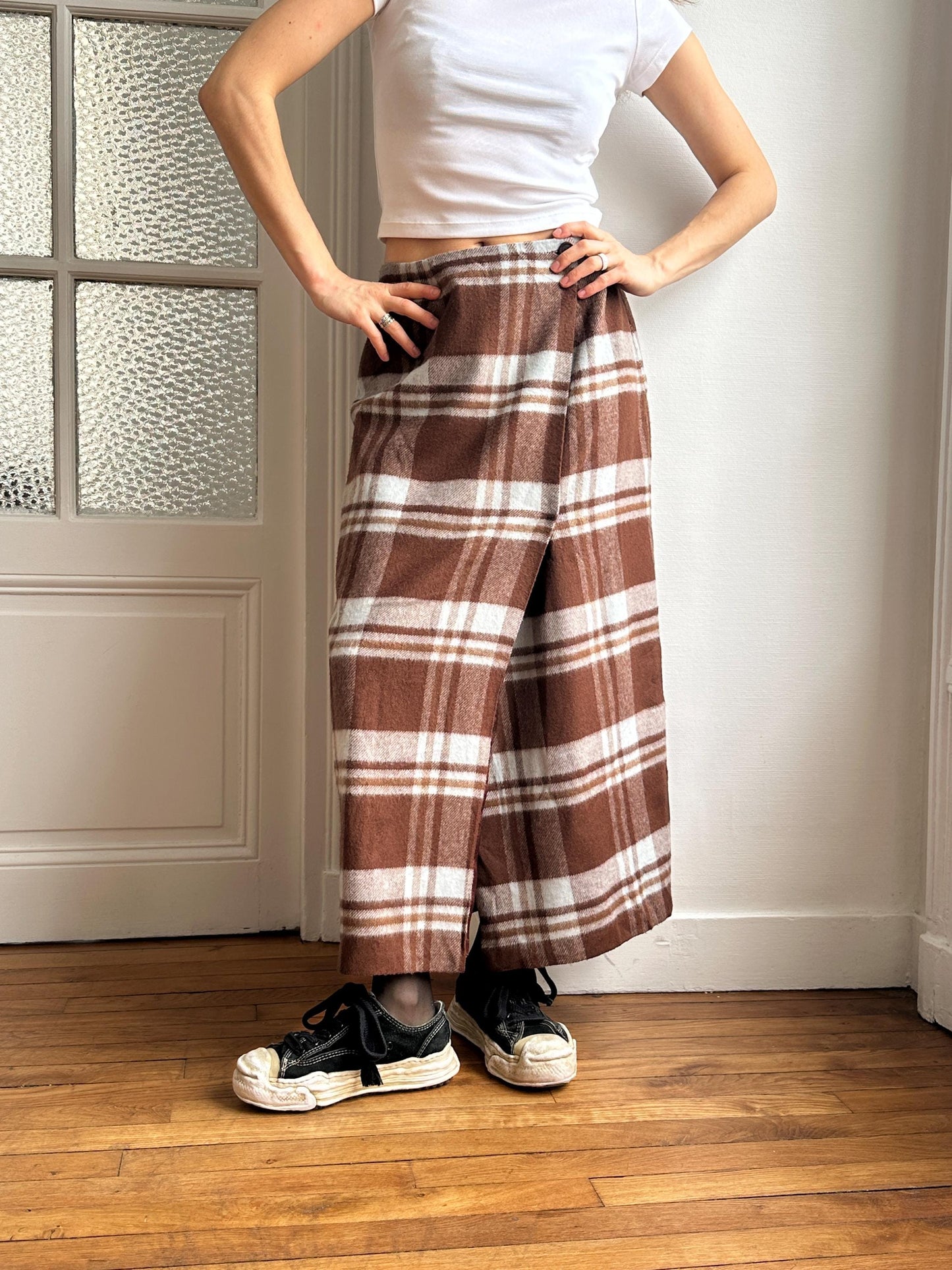 Vintage Plaid Wool Maxi Skirt in Brown