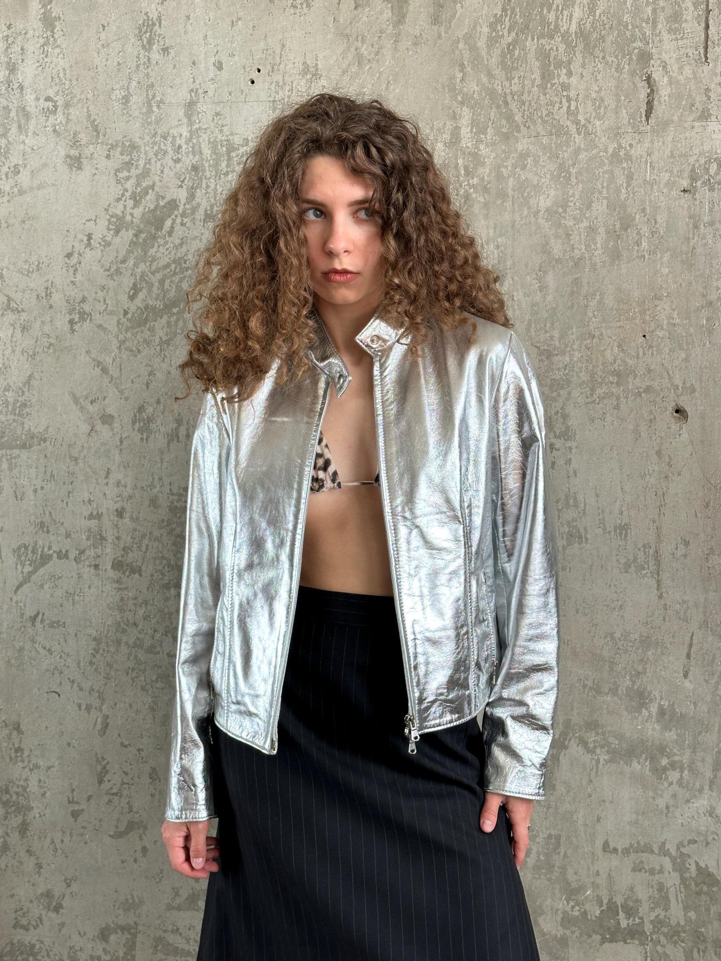 Vintage Y2K Silver Metallic Leather Jacket | Moto Racer Zip Jacket