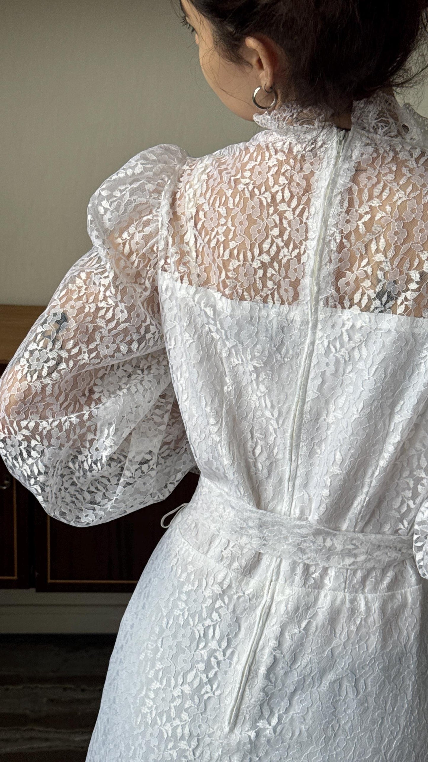 Vintage 70s silk bridal lace dress in white