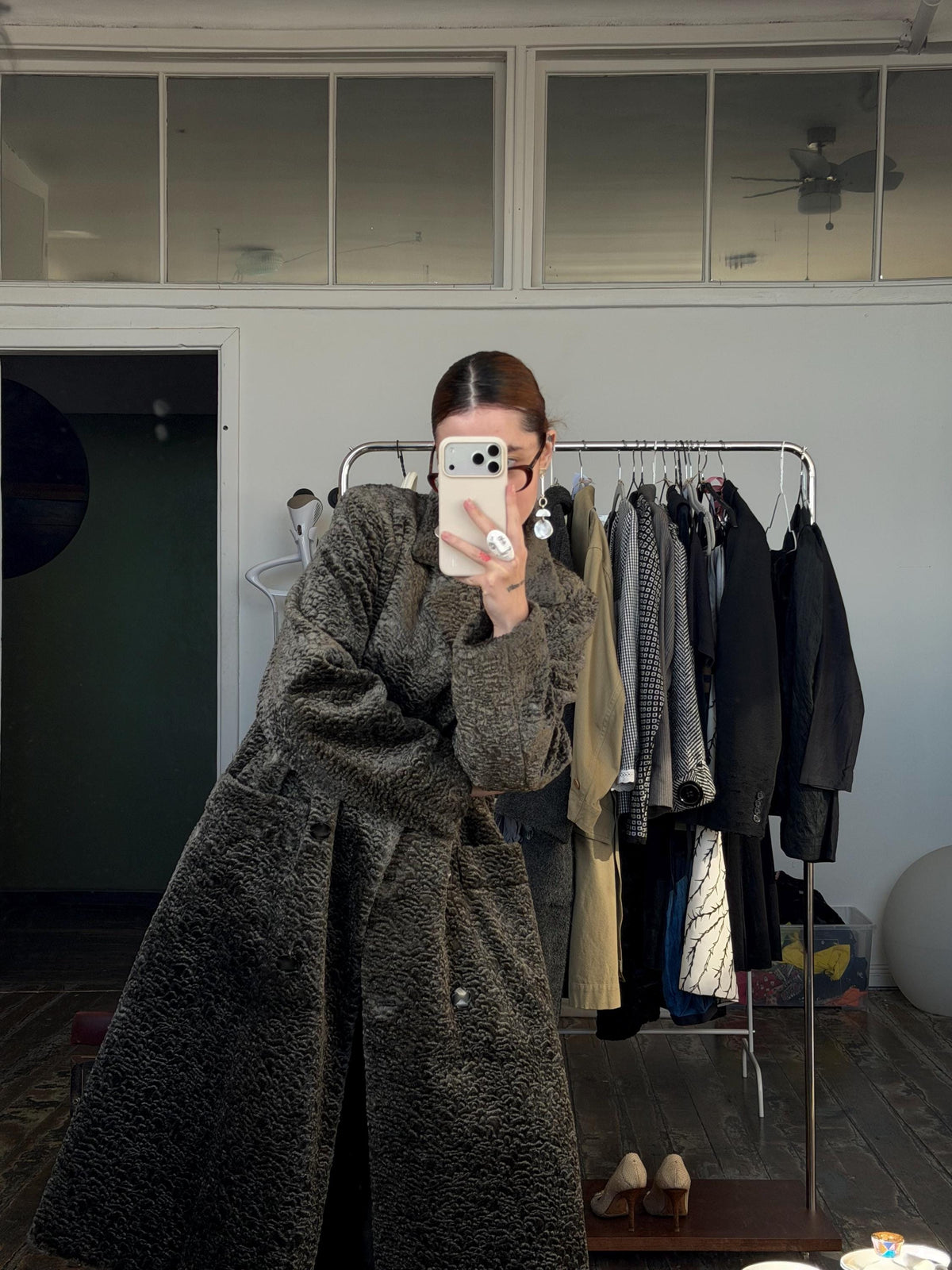 Vintage 80s Astrakhan Long Winter Coat in Grey